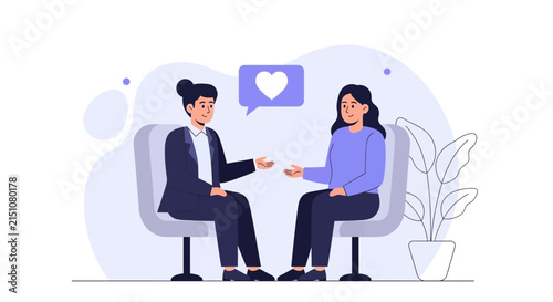 Therapist and client in session, discussing mental health with a heart symbol representing care and connection.