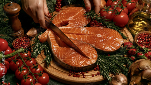 Fresh Salmon Fillets with Vegetables and Herbs on Cutting Board