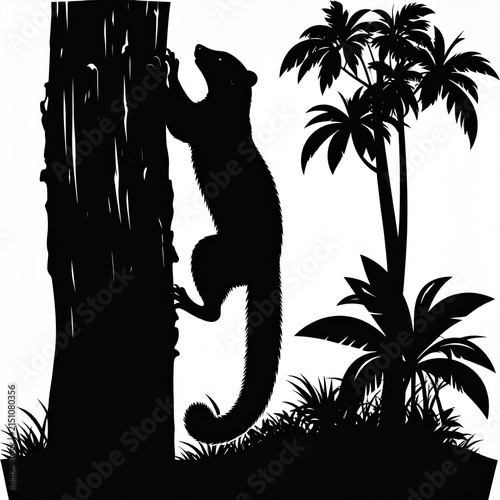 Silhouette of a Lizard Climbing a Tree Trunk.