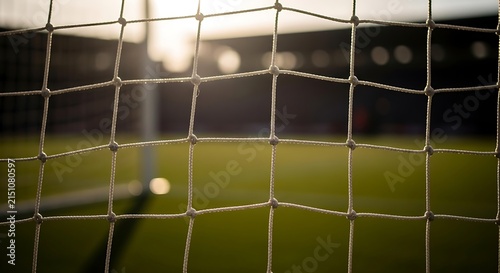 Professional soccer stadium goalpost mesh close-up detail showcasing white nylon netting against a blurred green grass pitch under sunset lighting