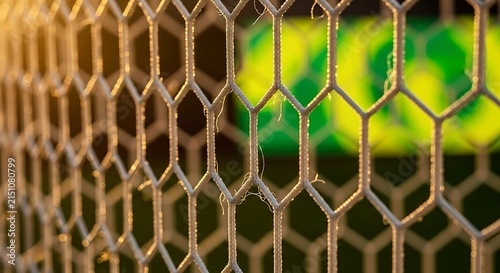Close-up view of a professional soccer goal mesh net texture glowing under warm sunset light at an empty stadium during a competitive match