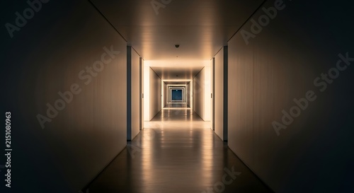 A minimalist indoor corridor featuring a long symmetrical vanishing point perspective with warm ambient lighting in a modern architectural building