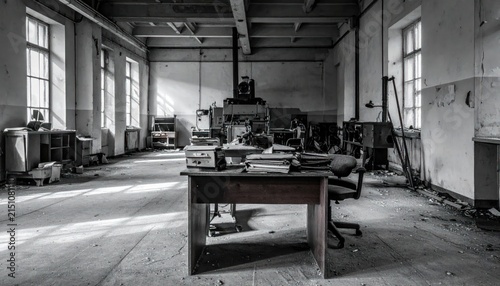 Abandoned Office Desk in Derelict Industrial Room with Sunlight Beams