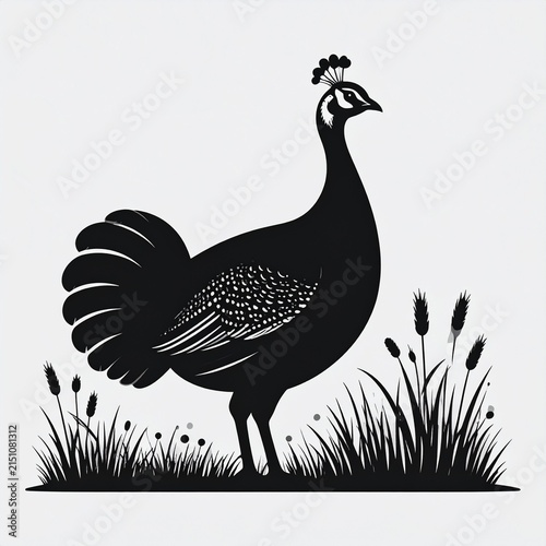 Elegant black silhouette of a peacock in grass.