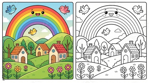Whimsical rainbow landscape coloring page with cute houses and birds, landscape