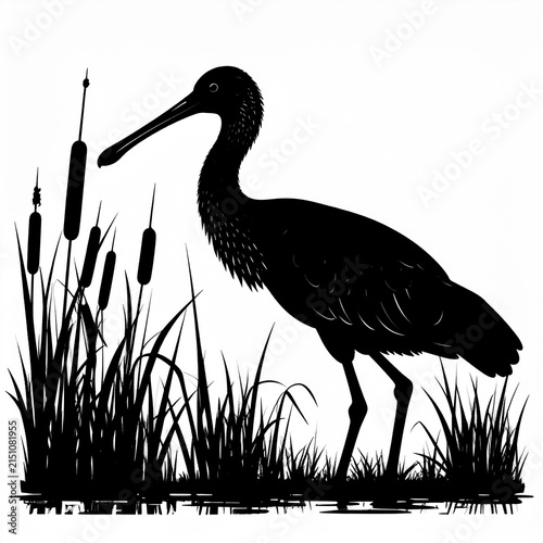 Silhouette of a wading bird in tall marsh reeds.