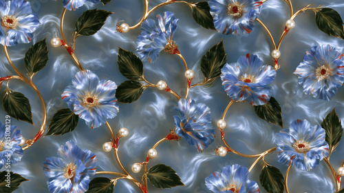 Floral Pattern with Blue Flowers and Pearls on Satin Background