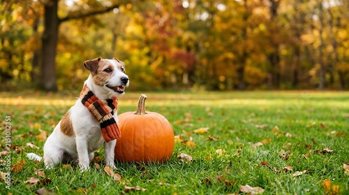 Jack Russell Terrier dog wearing a scarf sitting next to a pumpkin in an autumn park