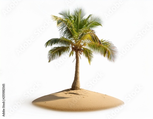 a single palm tree standing on a small sandy island isolated on white background