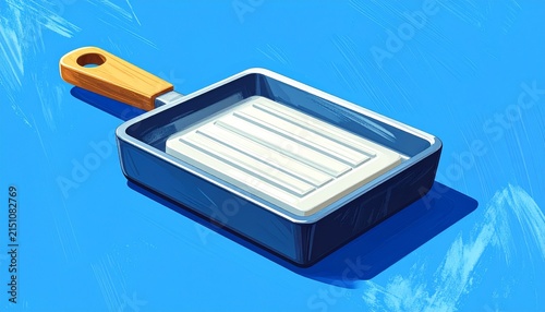 Empty blue baking tray with orange handle on blue background.