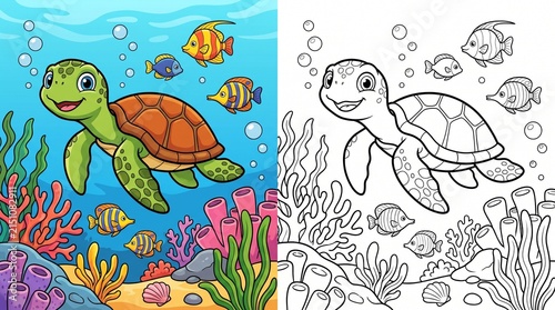 Cute cartoon sea turtle swimming in coral reef coloring page for kids