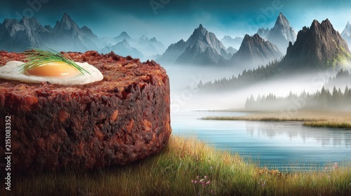 Hearty Cake with Creamy Topping by Scenic Mountain Lake