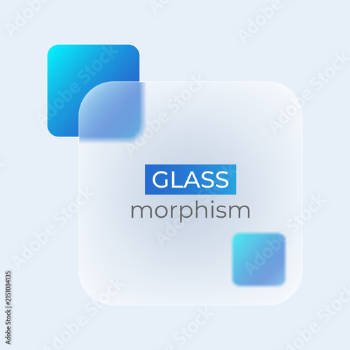 A website landing page template in the glass morphism style. A frosted glass partition with floating blue squares. 