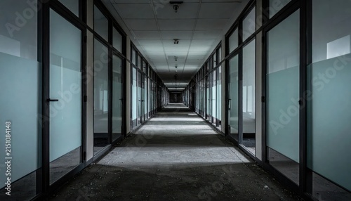 Dark, empty, abandoned office hallway with frosted glass doors and long perspective