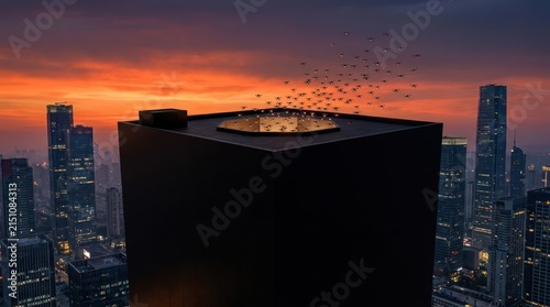 Dark monolithic structure on rooftop during city sunset.