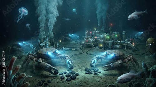 Deep sea robotic base with crab-like underwater drones.