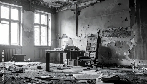 Desolate Abandoned Office Room in Black and White, Showing Decay and Neglect