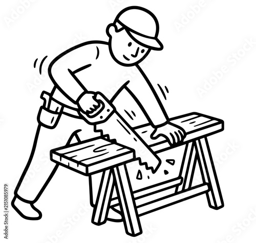 Carpenter sawing wood on sawhorses with hand tool for construction and DIY projects.
