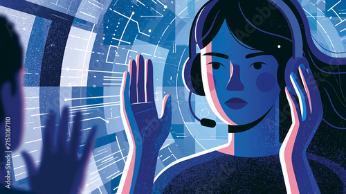 Clear public warning poster about fraudulent call centers, ordinary looking headset operator speaking confidently while generic visual cues suggest manipulation and deception,