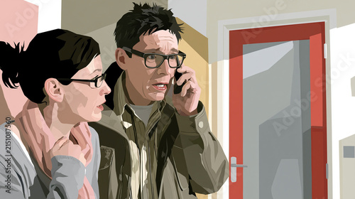 Financial safety poster showing a worried man at home checking with his spouse before responding to a suspicious bank call, teamwork and caution as the central message, soft