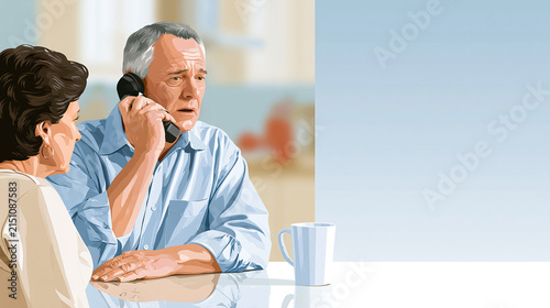 Financial safety poster showing a worried man at home checking with his spouse before responding to a suspicious bank call, teamwork and caution as the central message, soft