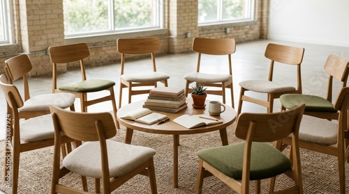 Empty classroom with wooden chairs and round table near windows.