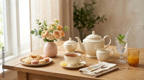 Elegant Afternoon Tea Setup by Sunlit Window.