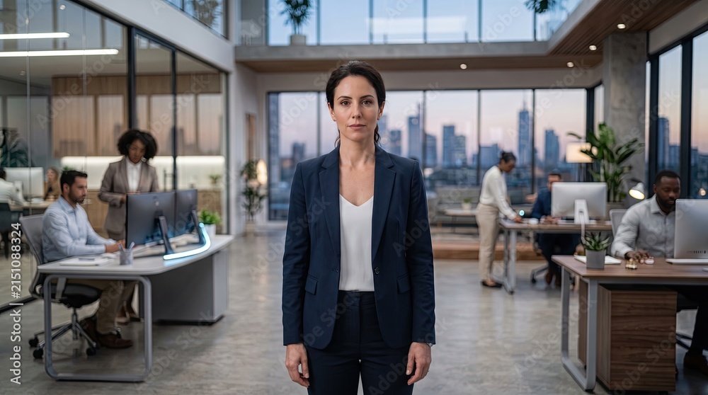 Fototapeta premium A confident businesswoman stands in a modern office environment, showcasing leadership and professionalism.