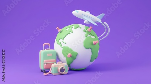 Travel and Tourism Globe with Airplane and Accessories 3D Illustration concept of World Tourism Day, World Travel Day