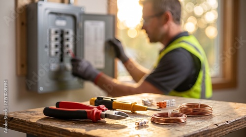 Professional electrician working on a home electrical panel with tools on a wooden table
