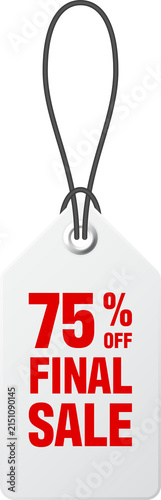 White sale tag with seventy five percent off isolated on transparent background
