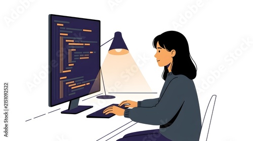 Young Female Programmer Coding Software on Computer Screen at Desk Workstation with Desk Lamp