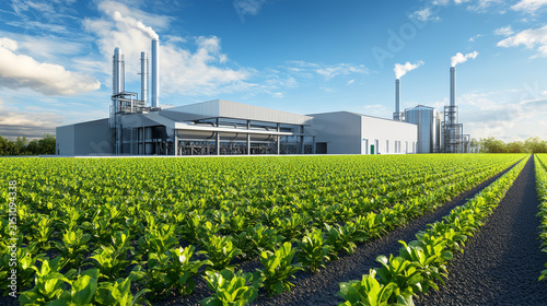 Biogas plant integrated with modern industrial facility surrounded by lush green fields