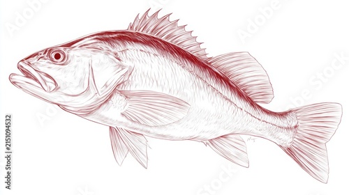 Detailed Illustration of a Freshwater Bass Fish in Red Ink Style