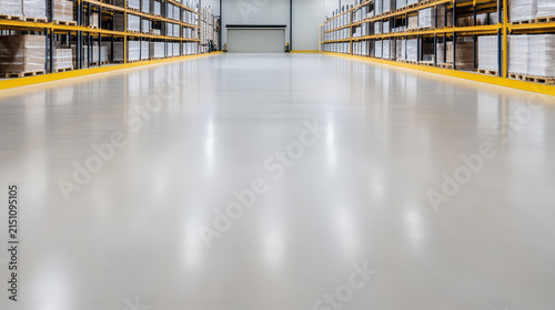 Spacious warehouse interior featuring clean floor and organized shelving units