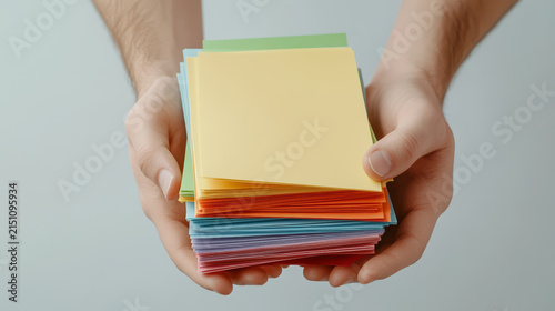 Colorful stack of sticky notes held in hands, showcasing vibrant hues and organization
