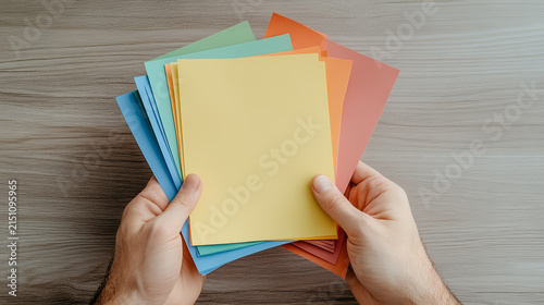 Colorful stack of paper held in hands, showcasing vibrant hues and textures