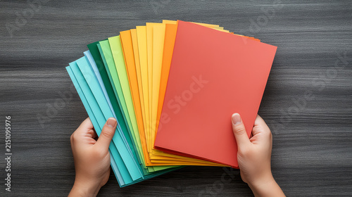 Colorful stack of paper held in hands, showcasing vibrant hues and textures