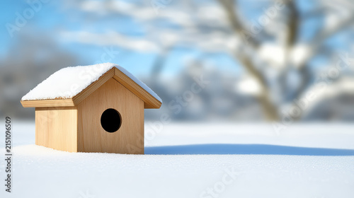 Weathered birdhouse covered in snow, surrounded by serene winter landscape