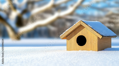 Weathered birdhouse covered in snow, surrounded by serene winter landscape