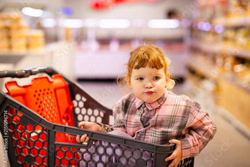 Little child sitting in shopping cart at grocery store. Happy toddler riding in trolley while shopping. Small girl having fun inside supermarket retail aisle.