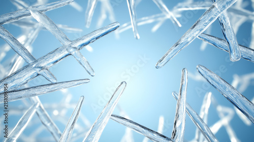 Frosted ice formations create stunning visual effect against soft blue background, evoking sense
