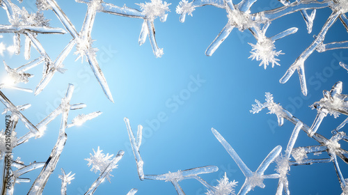 Frosted ice crystals create stunning natural frame against clear blue sky, evoking sense