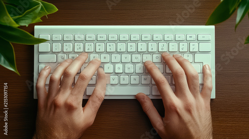 Close up of hands typing white keyboard surrounded by green plants, creating serene workspace