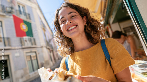 Happy Woman Traveler Walking Lisbon Street and Eating Traditional Portuguese Grilled Sardines