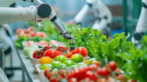 Robots sort fresh produce on conveyor belt