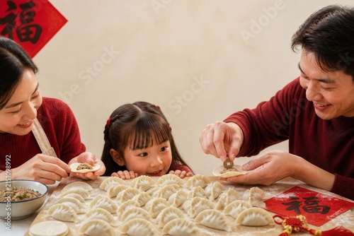 Asian family making dumplings together in a kitchen, showcasing family bonding and cultural tradition.