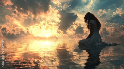Woman silhouette sunset water