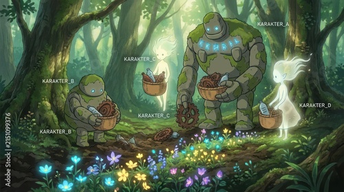 Fantasy stone golems and spirits in enchanted forest.