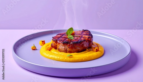 Luxury Achiote Grilled Pork Chop With Pineapple Swirl On Lavender Blue Plate